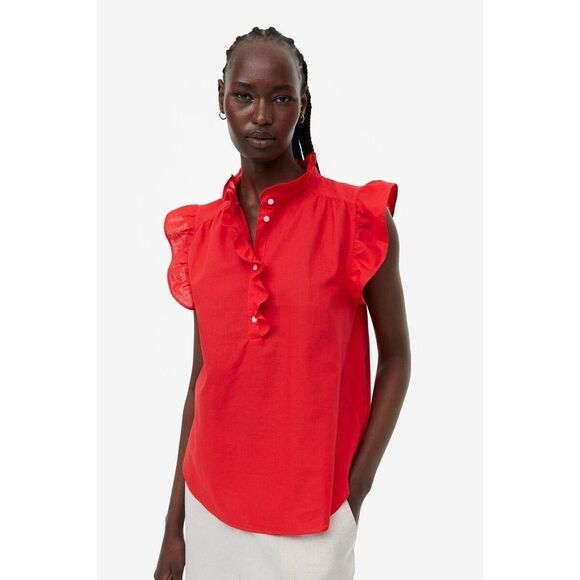 ✨H&M Red Ruffle-Trimmed Linen-Blend Blouse Sz XL Top✨ - Picture 1 of 10